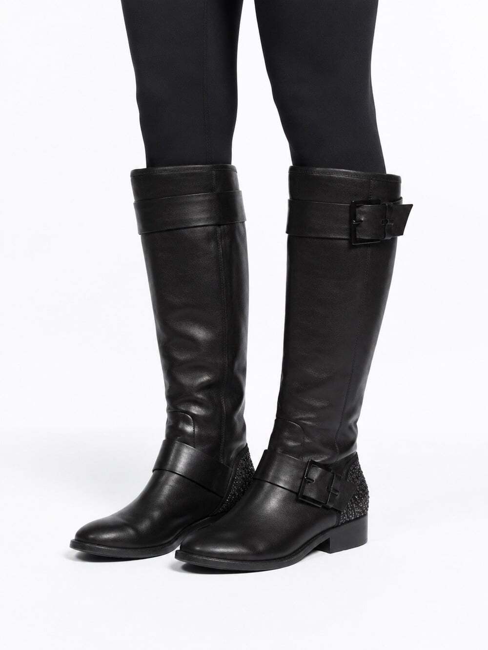 Brian Atwood black leather riding boots size 7.5 crystal heel buckle